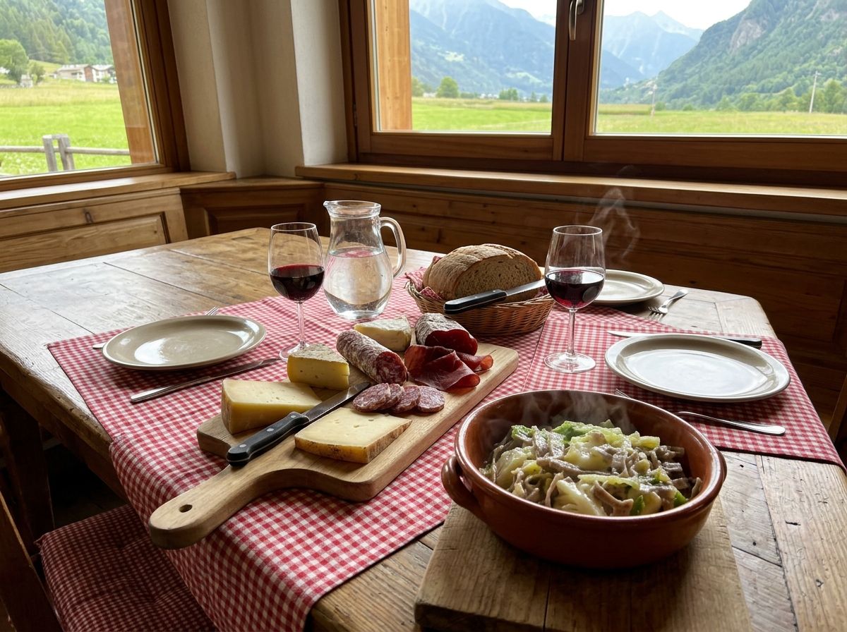 Una tavola con la tovaglia a quadretti, un tagliere di formaggi e salumi, una terrina di pizzoccheri e il vino rosso, davanti alla finestra sui prati