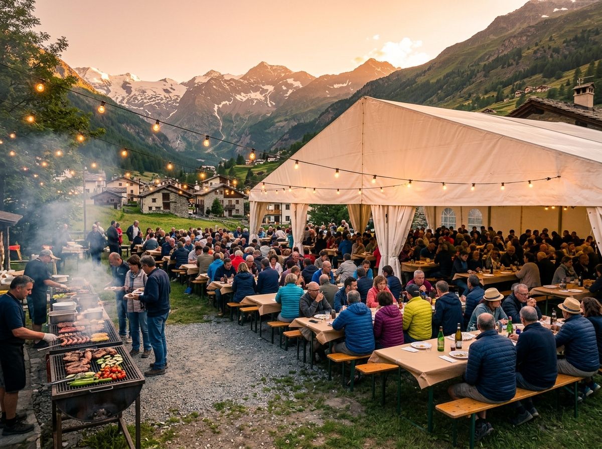 Tavolate piene di gente sotto un tendone illuminato e le griglie accese, con le case del paese e le montagne al tramonto