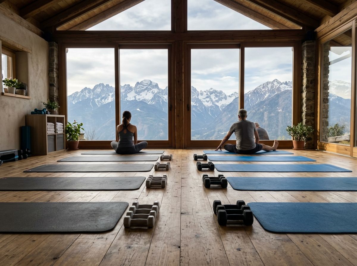 Una sala col pavimento di legno e grandi vetrate sulle montagne, tappetini e manubri in fila e due persone sedute di spalle che si allungano