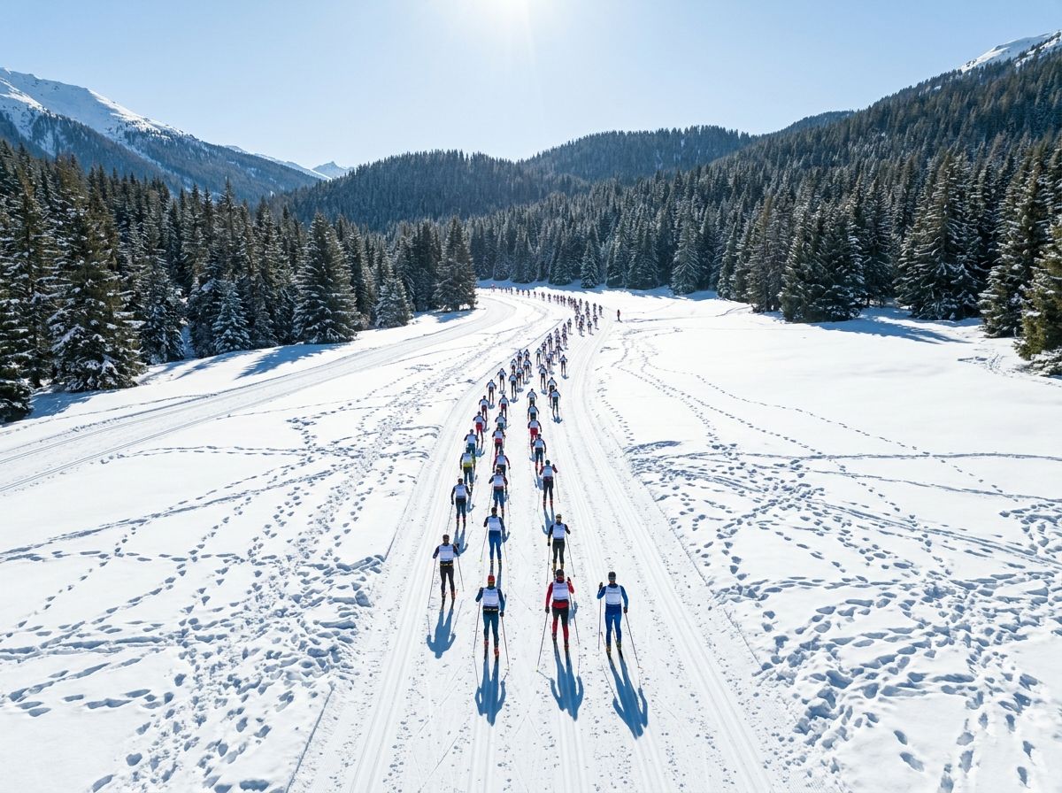 Una lunga fila di fondisti sulla pista battuta, visti da dietro, fra i boschi innevati