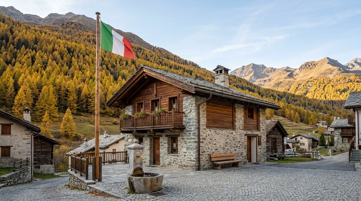 La sede della polisportiva, una casa di pietra e legno con il tricolore sulla piazzetta, fra i larici gialli d'autunno e le montagne