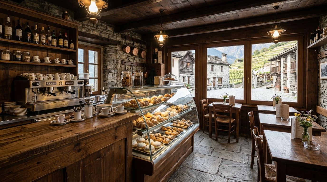 L'interno di un piccolo bar di paese con il banco di legno, la macchina del caffè, la vetrina delle brioche e le finestre sulla piazza