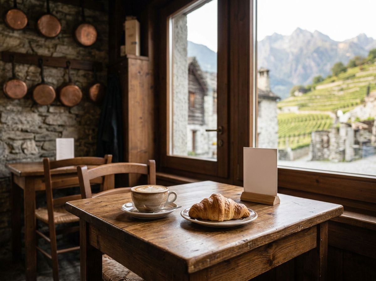 Un tavolino di legno vicino alla finestra con un cappuccino, una brioche e un piccolo cartoncino bianco, e le montagne sfocate fuori