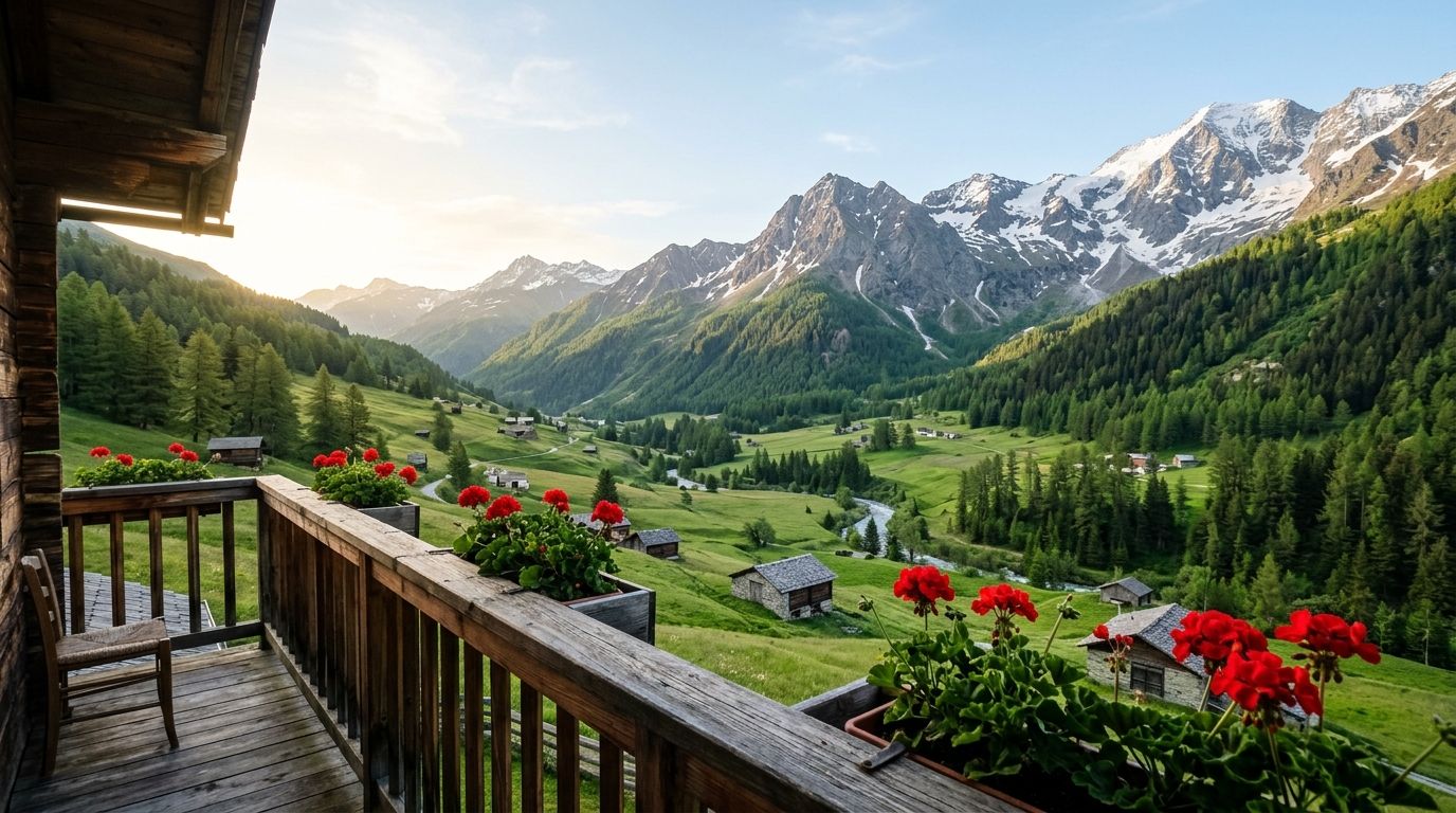 Vista dal balcone di legno con i gerani rossi su una valle verde con baite sparse, boschi e cime innevate