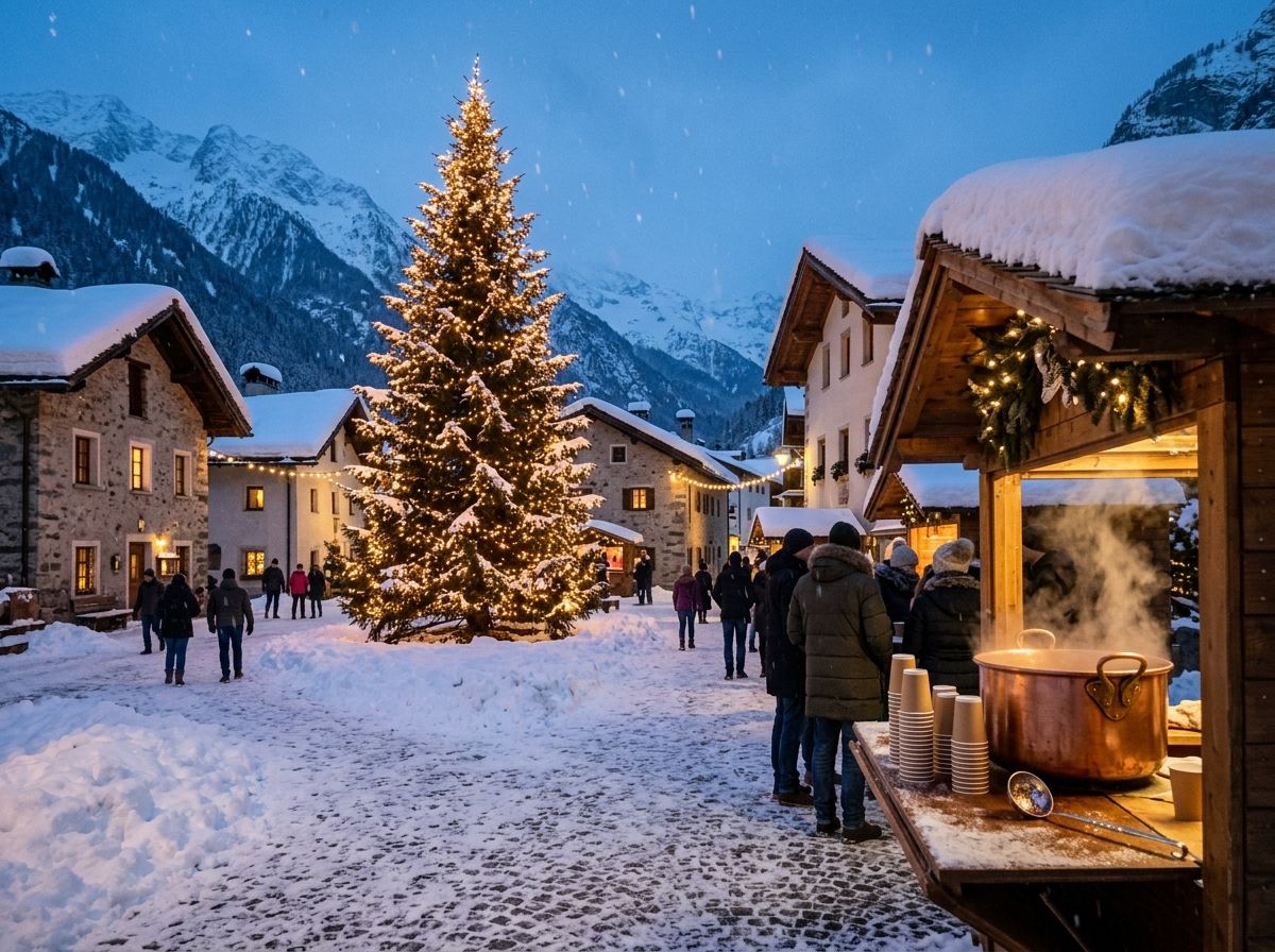 Un grande abete illuminato nella piazza innevata del paese all'imbrunire; davanti, una bancarella con un pentolone di rame fumante e i bicchieri di carta
