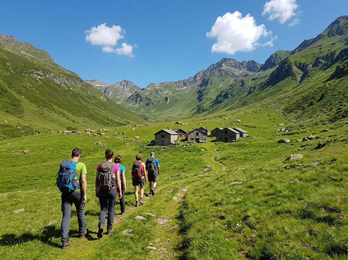 Un gruppo di escursionisti di spalle su un sentiero nel prato verso le baite di pietra dell'alpeggio