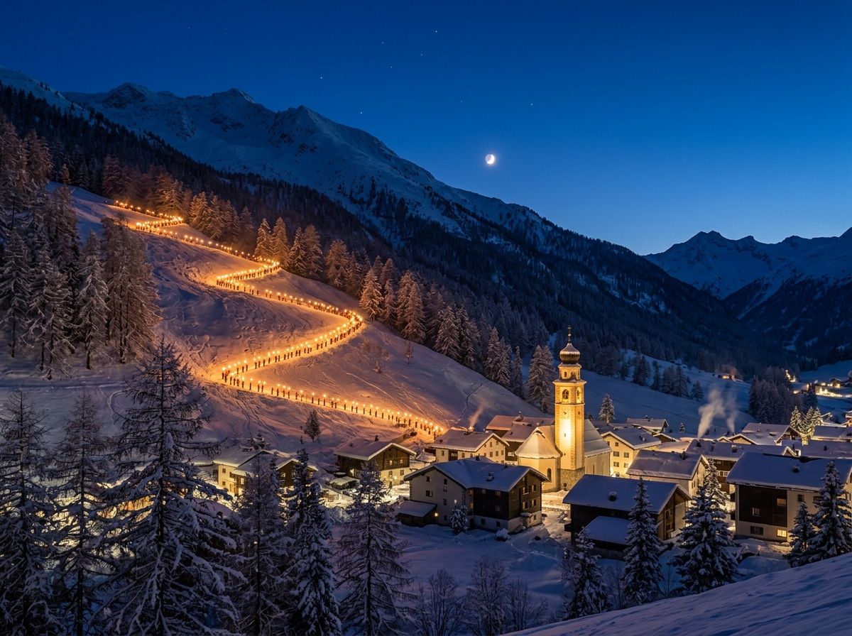 Una fila di fiaccole scende nella notte lungo un pendio innevato verso un paese con il campanile illuminato