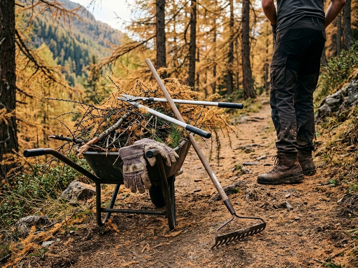 Una carriola piena di rami di larice su un sentiero nel bosco d'autunno, con guanti da lavoro, cesoie e rastrello; di lato gli scarponi di un volontario