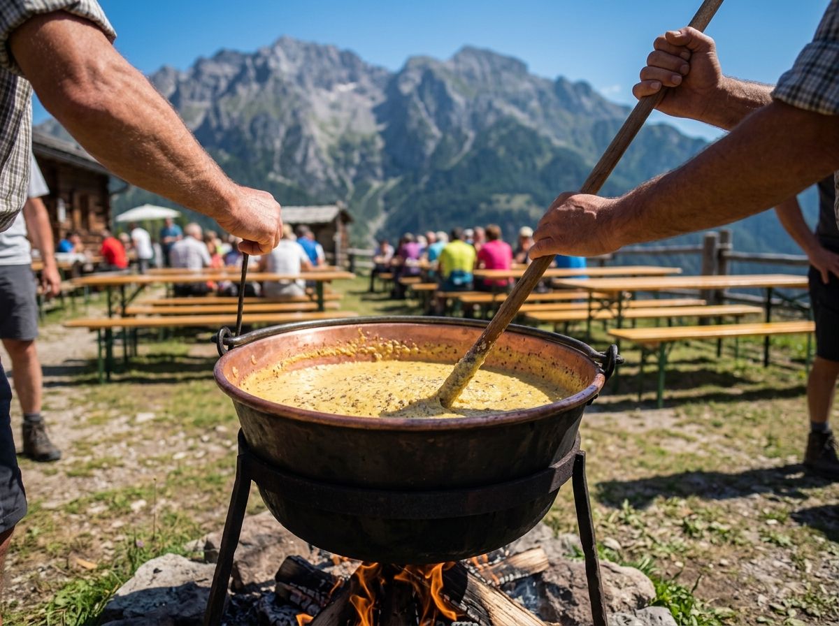 Due mani girano la polenta in un paiolo di rame sul fuoco, dietro le tavolate dell'alpeggio e le montagne