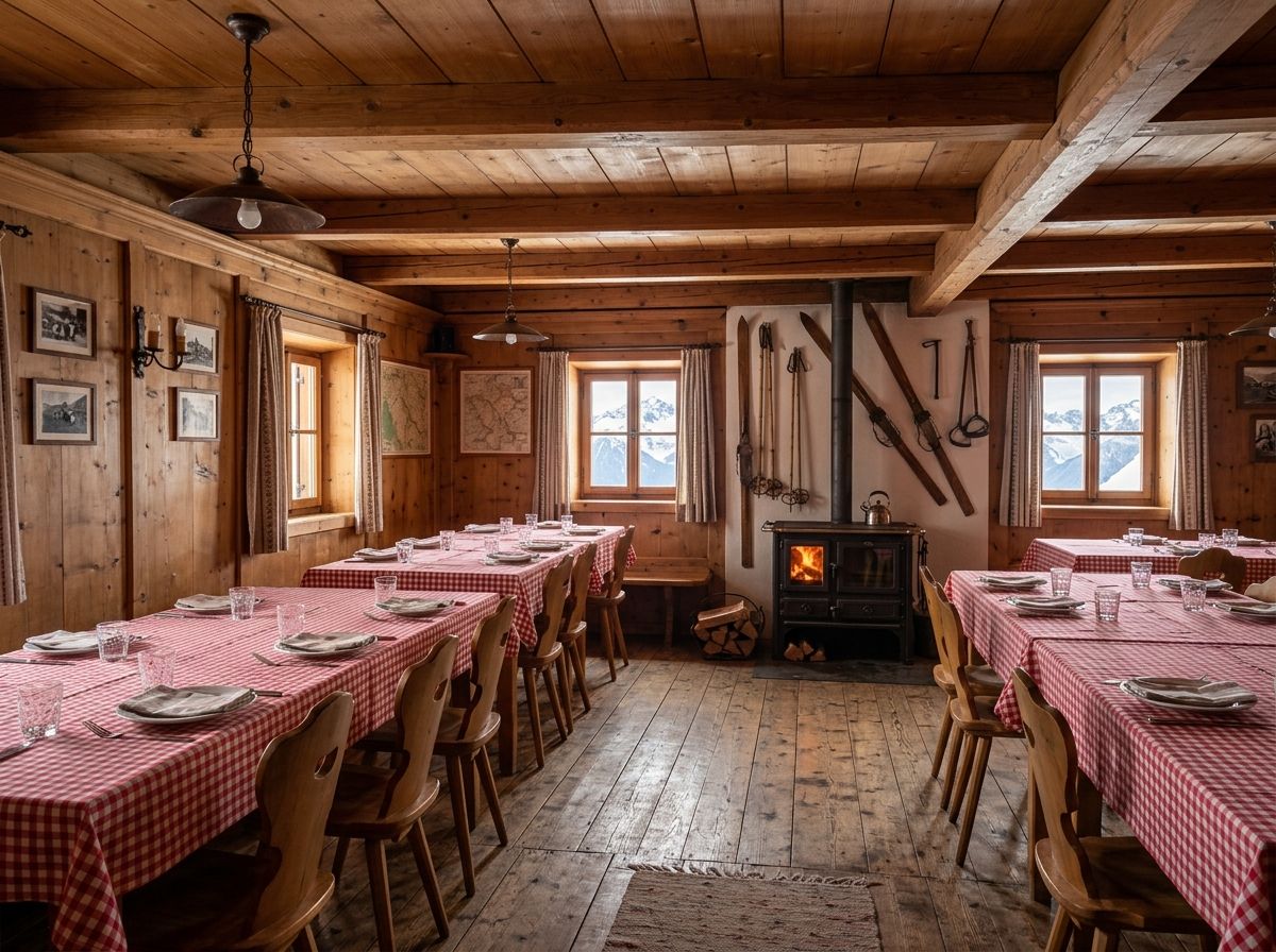 La sala da pranzo con le travi di legno, i tavoli apparecchiati con le tovaglie a quadri rossi e la stufa in fondo