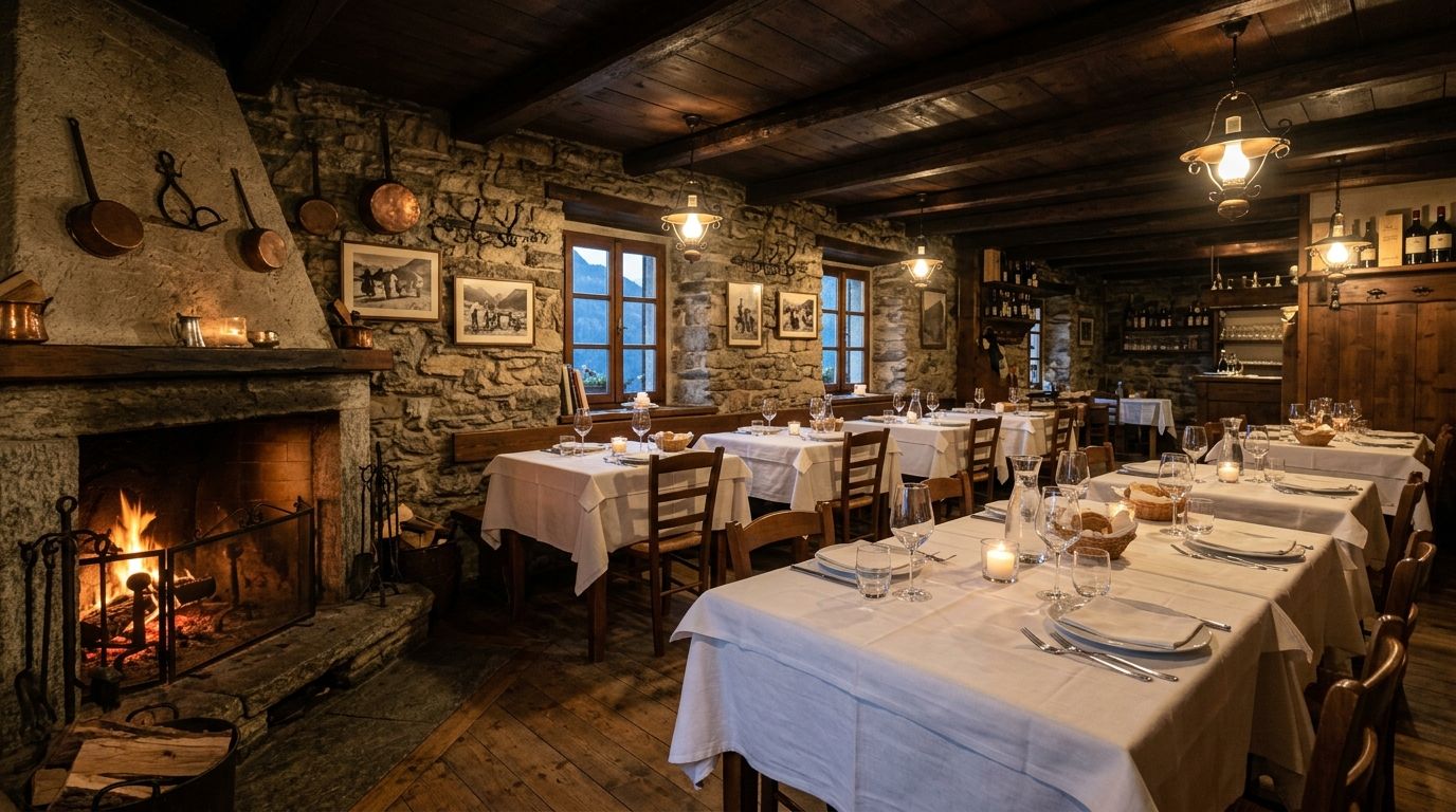 La sala di una trattoria di montagna con i muri di pietra, i tavoli con le tovaglie bianche e il camino acceso